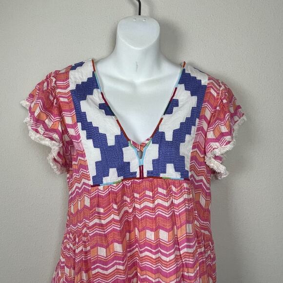 THML XS Pink Peach‎ Tribal Mini Dress Boho Fringe Tiered Cotton Metallic - Picture 4 of 8